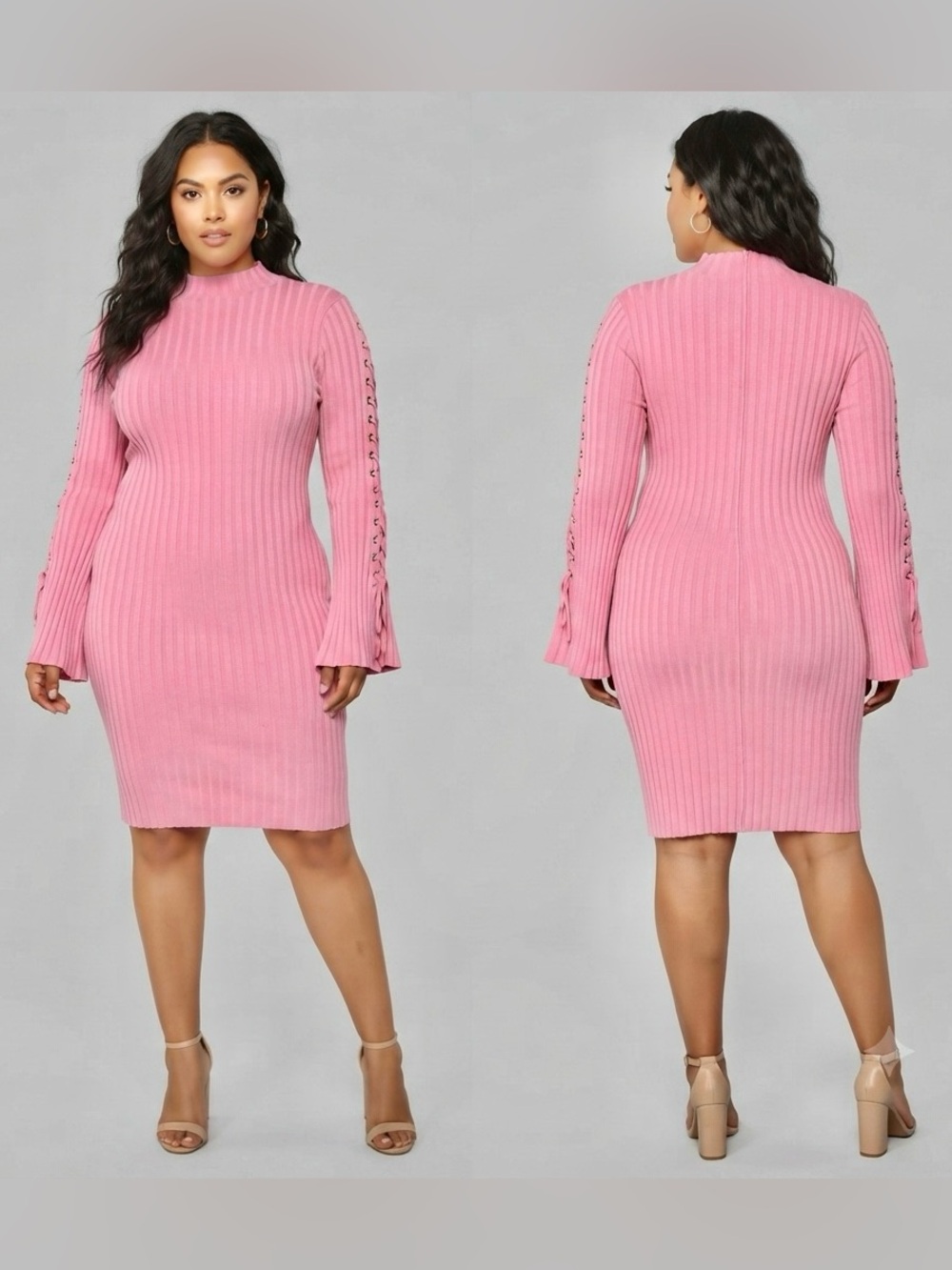 (NWT) Fashion Nova Pink Next To Me Knit Dress 2X Bell Sleeve Lace Up Dress